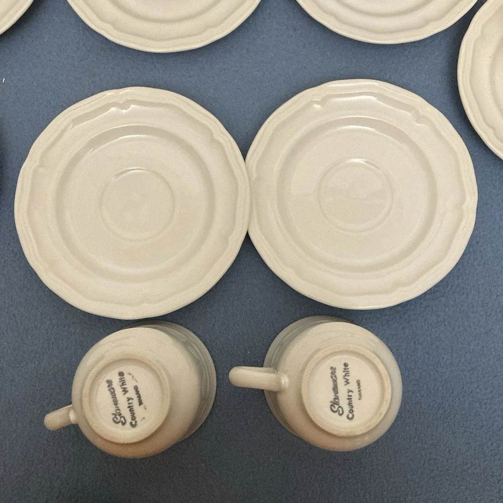Stoneware Country White French Country Design Coffee Cup‎ with Saucer - Set of 7